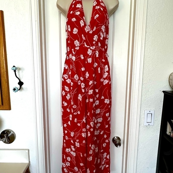 Moulinette Soeurs Red White Floral Jumpsuit S Anthropologie Wide Leg Boho Halter - Picture 3 of 12